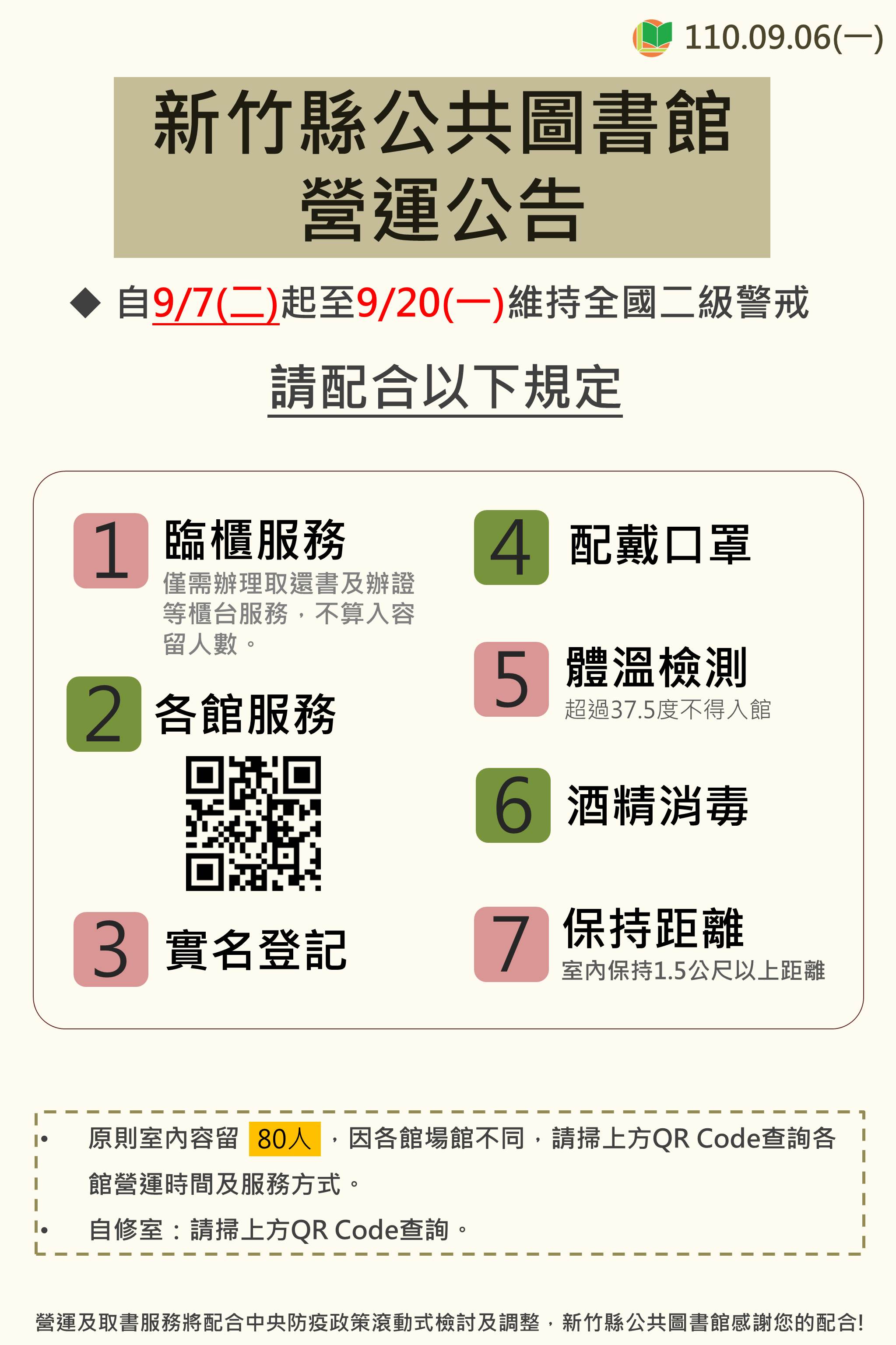 新竹縣各公共圖書館9/7-9/20營運公告
