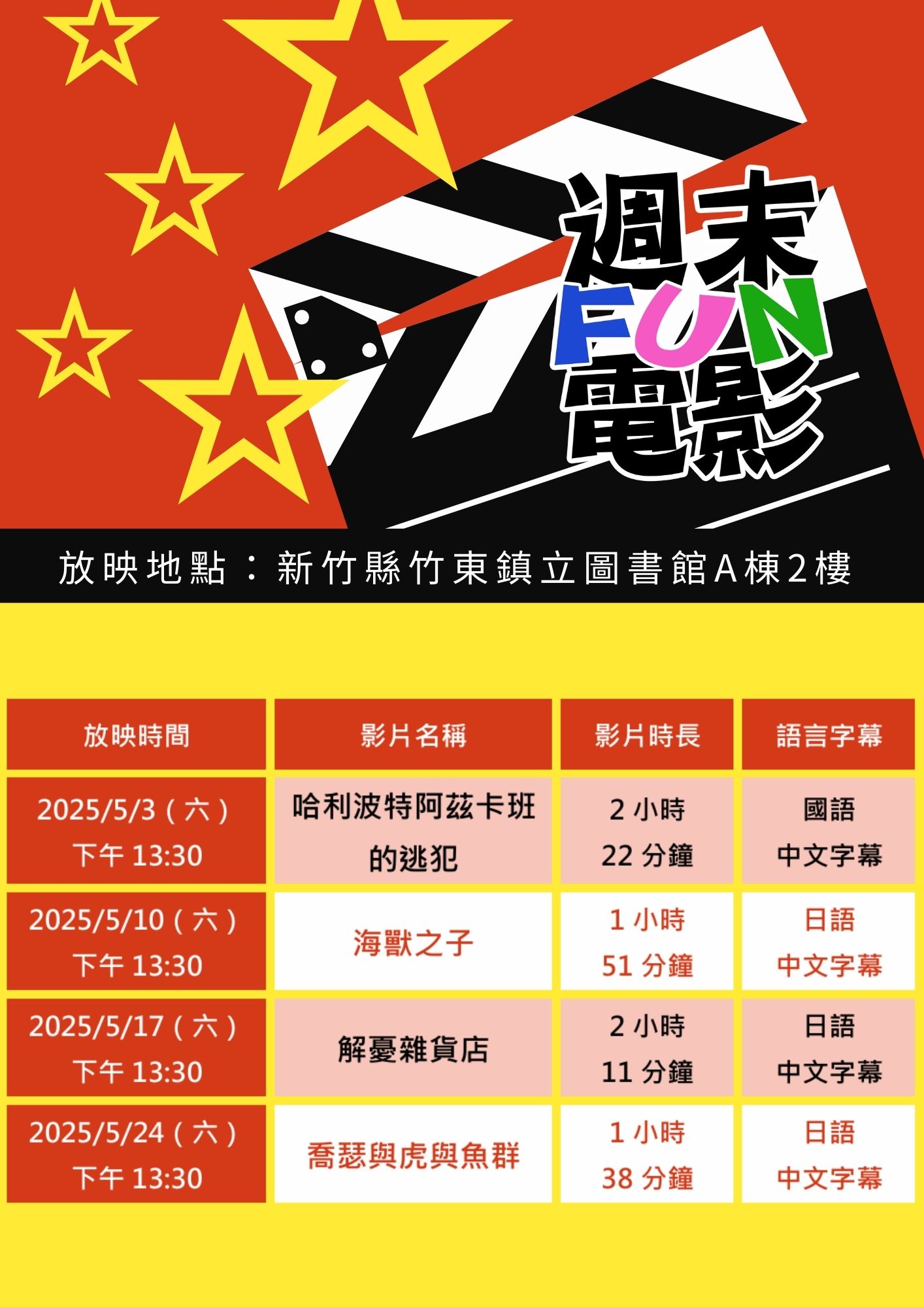 【竹東館公告】竹東鎮立圖書館114年5月週末FUN電影