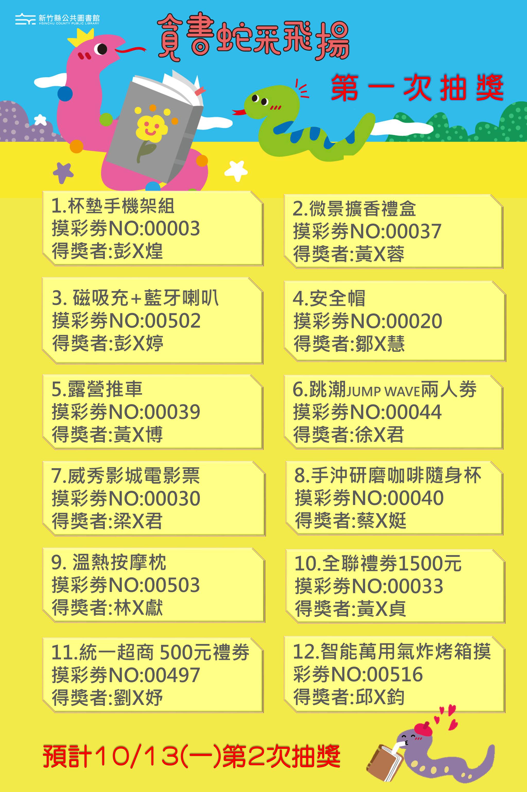 【綜合活動】貪書蛇採飛揚閱讀智慧存摺第1次抽獎得獎名單